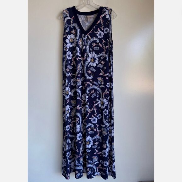 CHICO'S Sleeveless Maxi Dress Size 2 =US Size 12 Blue Floral V-Neck - Picture 1 of 10